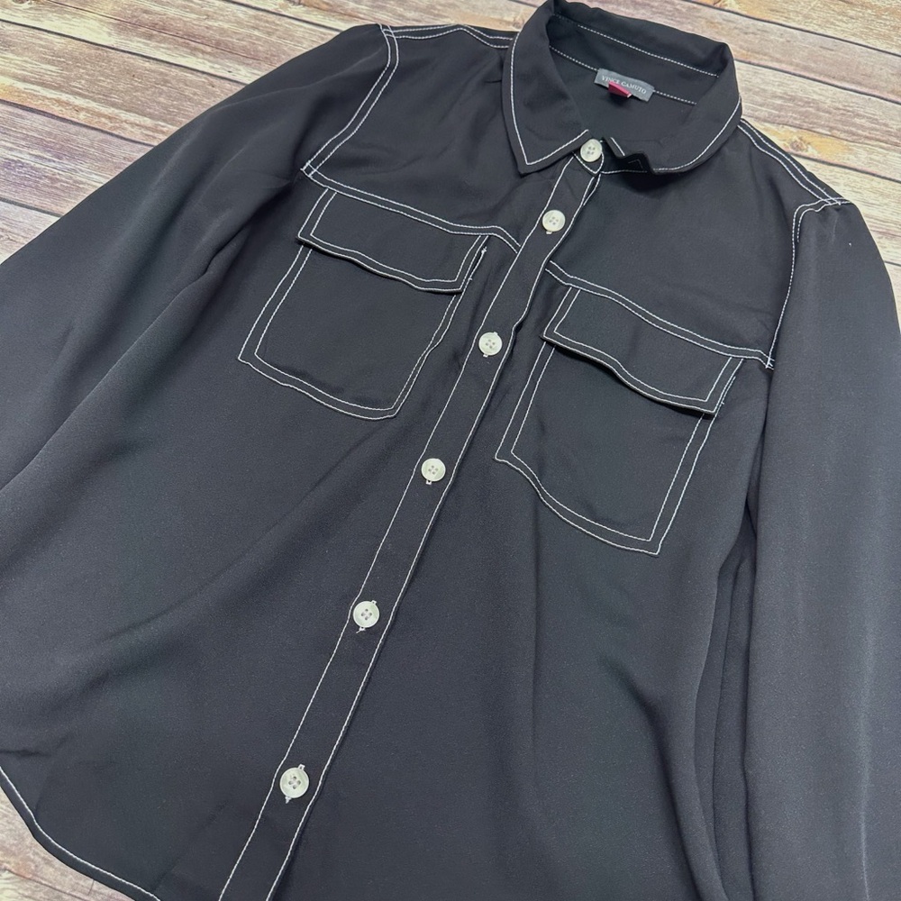 Vince Camuto Women's Contrast Stitch Button Front Collared Top black size S - Picture 5 of 7